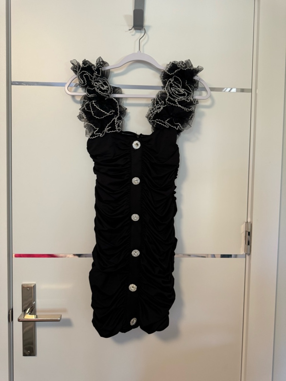 Black Ruffled Strap Mini Dress with Jewel Buttons